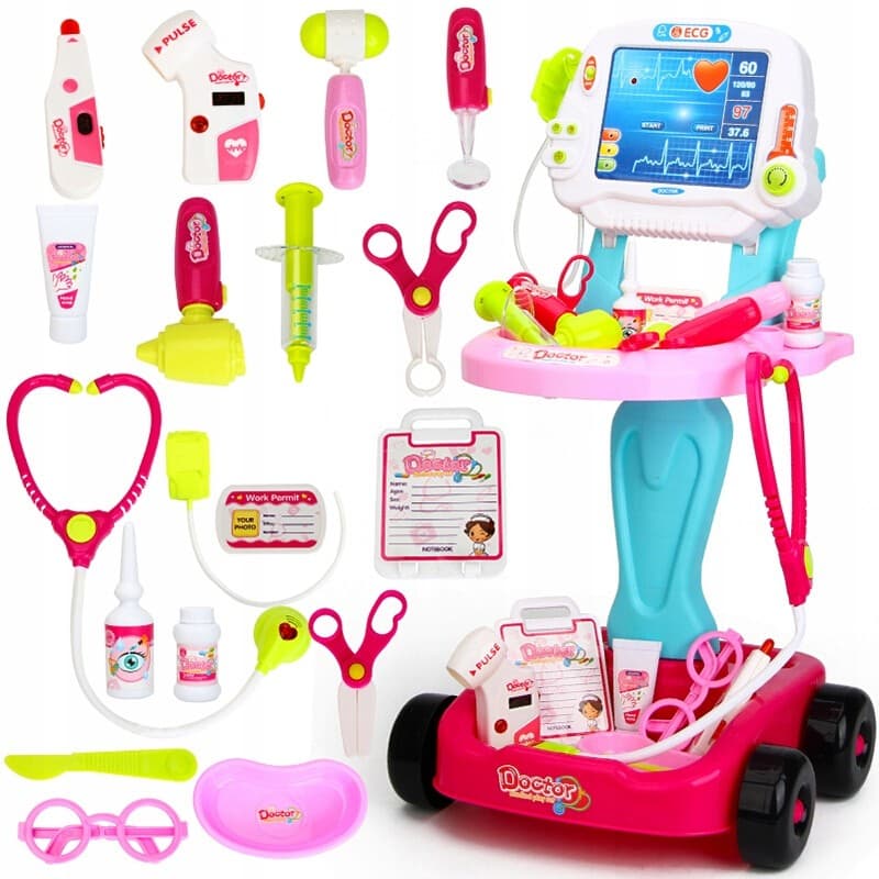 Kit medical Procart pentru copii, 18 piese, carucior cu EKG — imagine 1