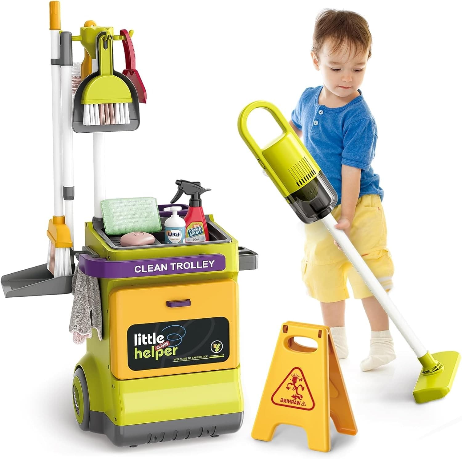 Set curatenie de jucarie Procart aspirator electric cu sunete, carucior, matura, solutii curatare, semnalizator podea umeda, 20 piese — imagine 1
