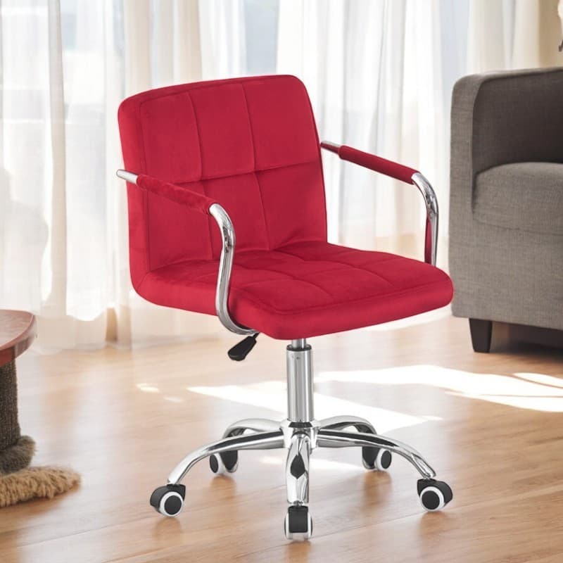 Scaun de birou rotativ Procart tapiterie catifea rosie inaltime reglabila — imagine 1