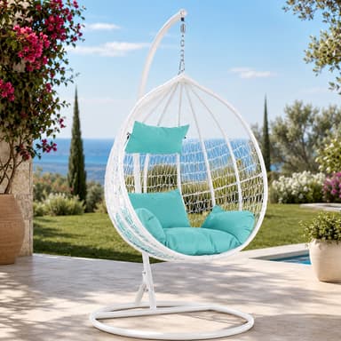 Fotoliu suspendat premium tip cuib Procart cadru metalic alb perne aqua