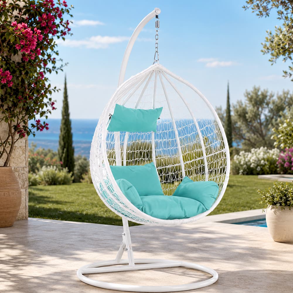 Fotoliu suspendat premium tip cuib Procart cadru metalic alb perne aqua — imagine 1