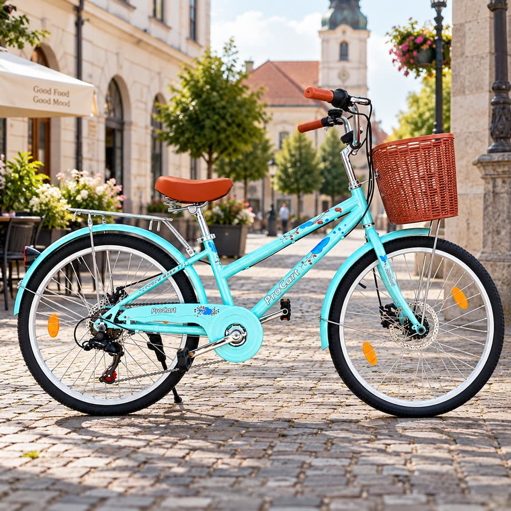 Bicicleta Procart 24 inch 6 viteze turcoaz cu cos detasabil si portbagaj — imagine 1