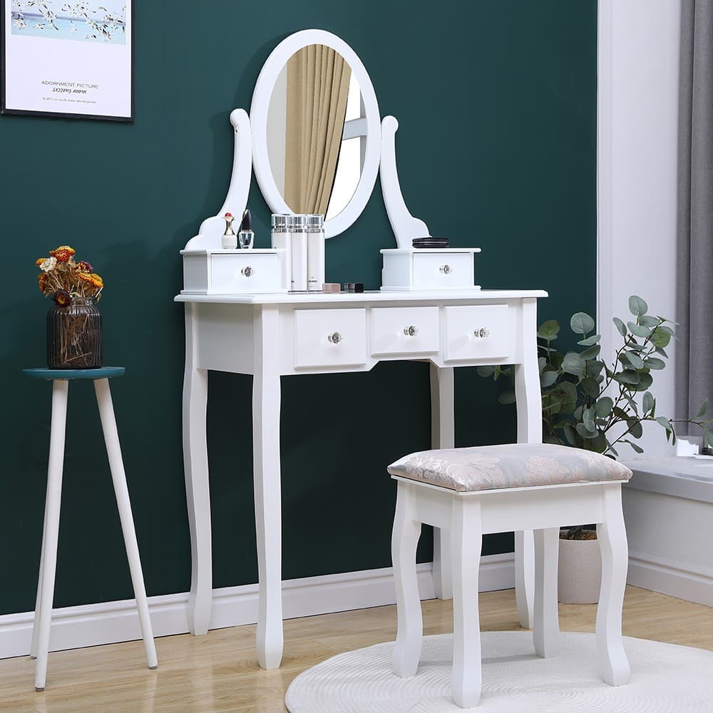 Set masa de toaleta Procart 140x80x40 cm, 5 sertare, oglinda si scaun incluse — imagine 1
