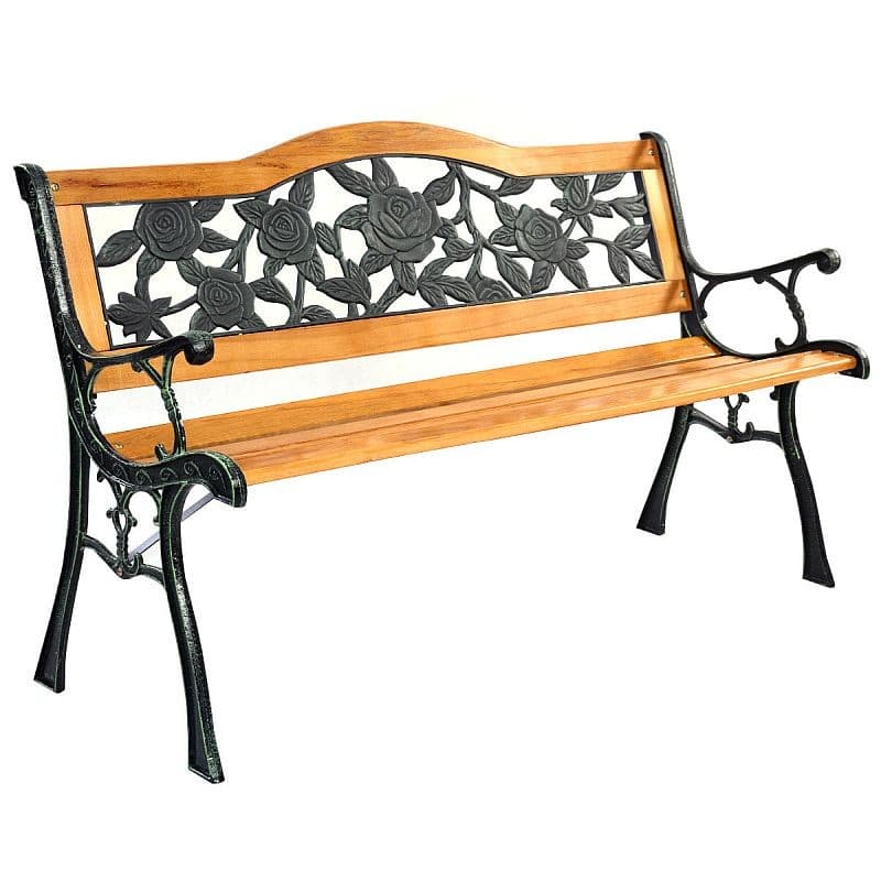 Banca gradina Procart, sezut si spatar lemn, structura otel, model floral — imagine 1