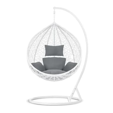 Fotoliu suspendat tip cuib Procart, structura otel, perne incluse, alb/gri