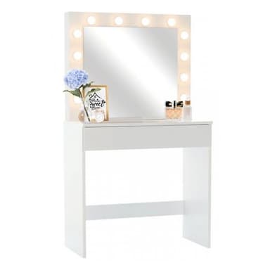 Masa de toaleta Procart, oglinda iluminata cu 12 LED-uri alb cald, 80x40x140 cm, MDF, alb