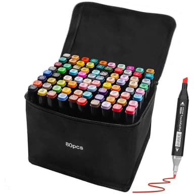 Set de markere Procart 80 bucati varf dublu multicolor cu geanta de depozitare