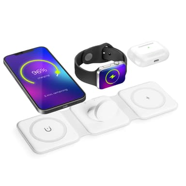 Statie incarcare wireless 3 in 1 Bewello pentru telefon ceas si casti, 15W, pliabila, alba