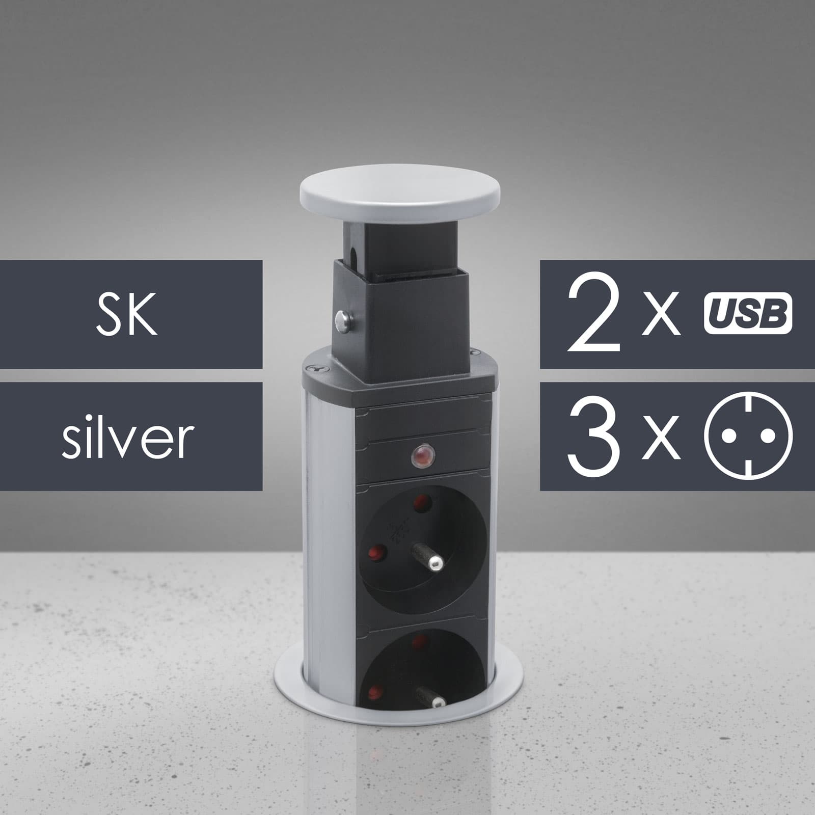 Priza incastrabila Delight birou 3 prize 2 USB 3500W argintiu pop up 230V — imagine 1