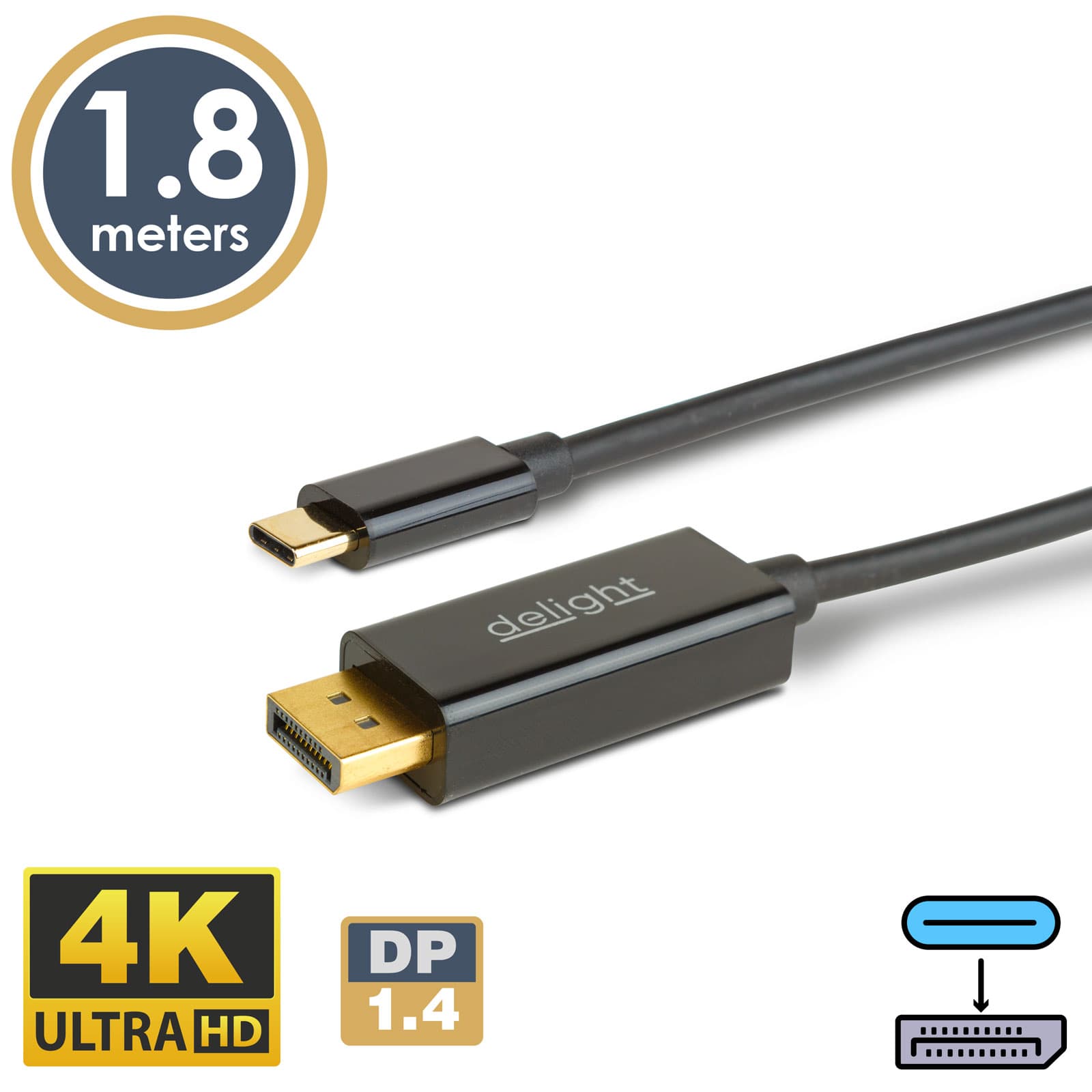 Cablu USB C la DisplayPort 1.4, 1.8m, 4K UHD 60Hz, negru Delight — imagine 1