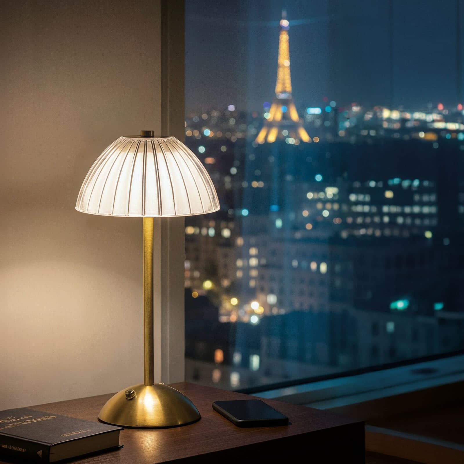 Lampa de masa Phenom auriu cu caldura reglabila luminozitate si bateria USB — imagine 1