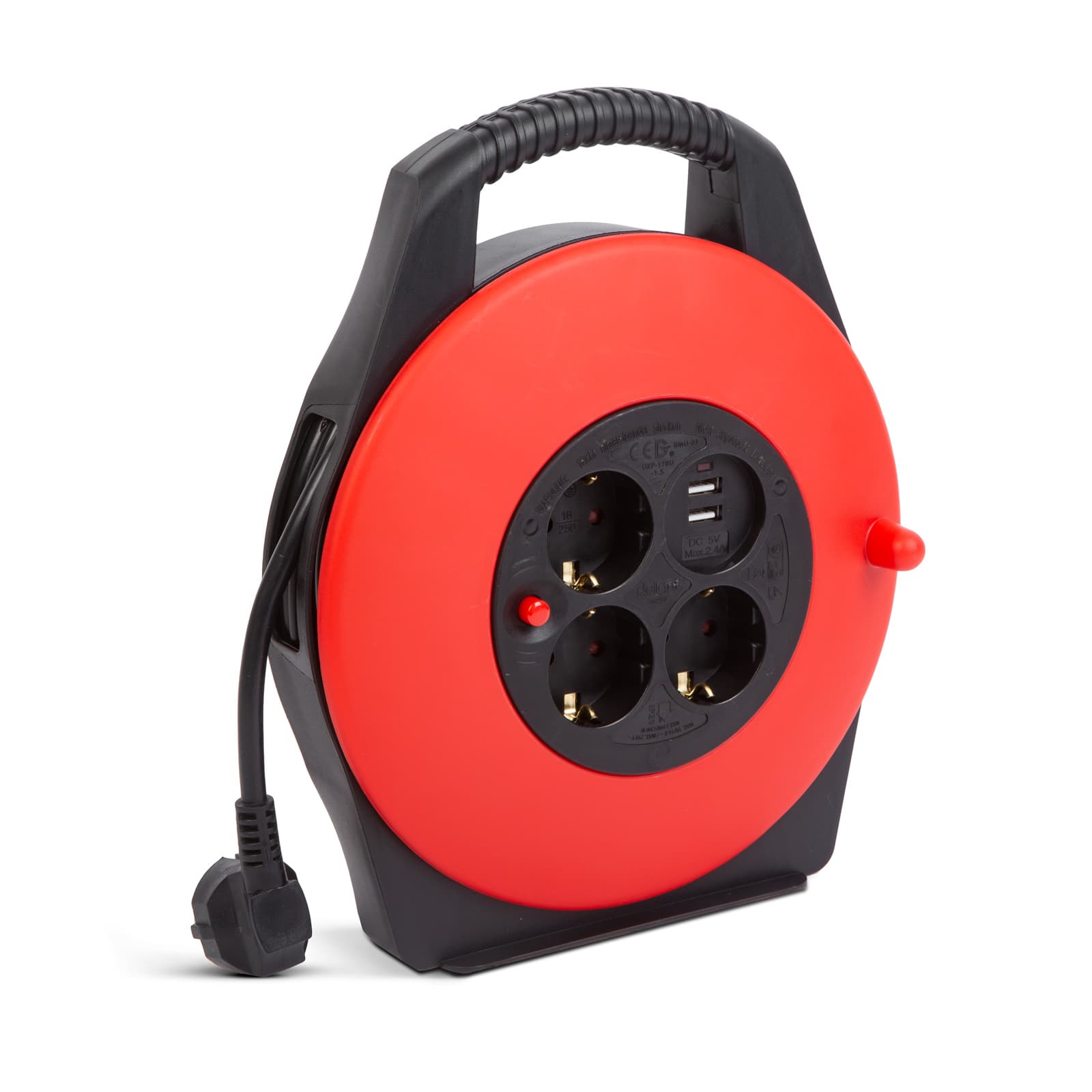 Tambur cablu Delight 10m 3 prize Schuko 2x USB protecție termică 16A — imagine 1