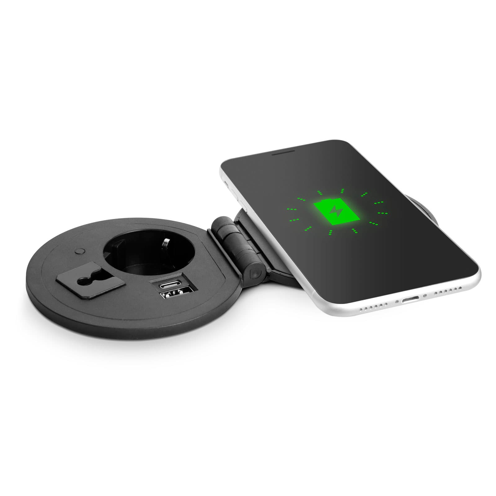 Priza incastrabila pentru birou cu incarcare wireless, USB, USB-C si 230V, negru Delight — imagine 1