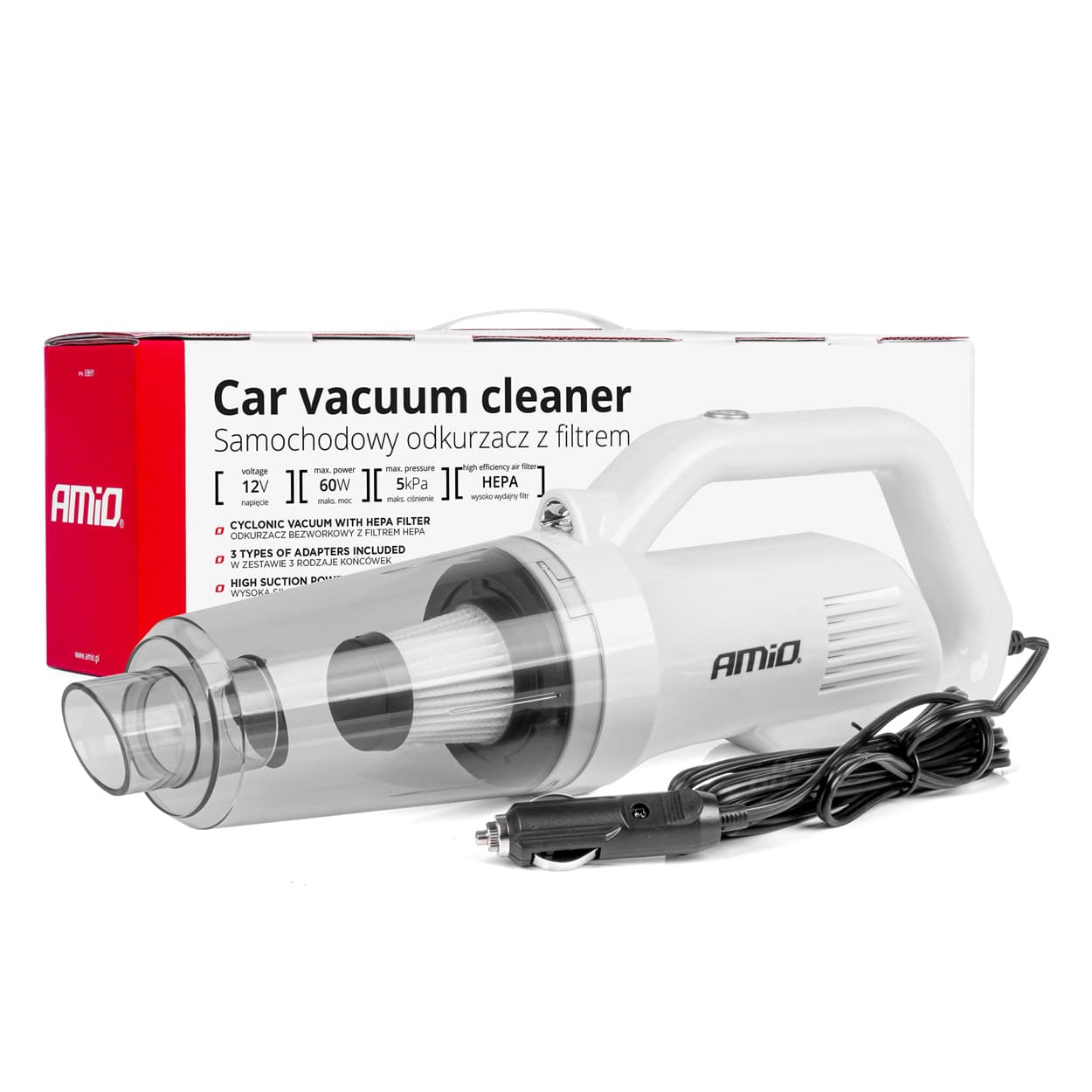 Aspirator Auto AMIO fara sac, cu filtru HEPA, alimentare 12V, putere 60W, vacuum 5kPa — imagine 1