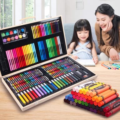 Set de instrumente artistice 180 piese creioane colorate vopsele markere cu geanta de transport in lemn masiv model AVX-WT-ART-10