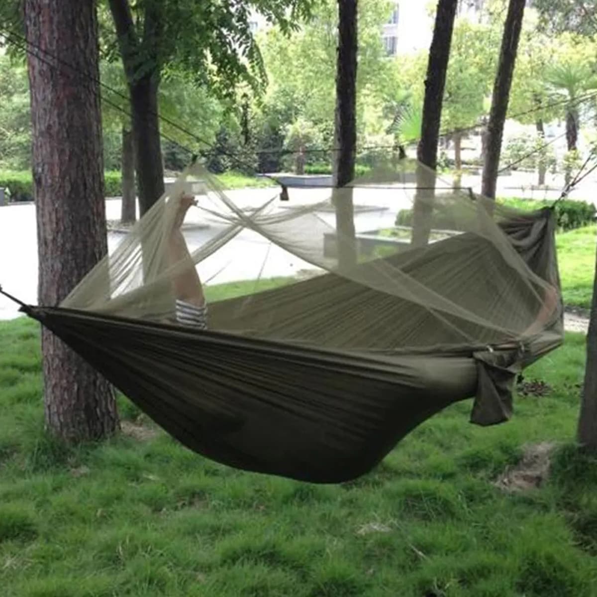 Hamac turistic din nylon cu plasa de tantari, verde, 260x140 cm — imagine 4