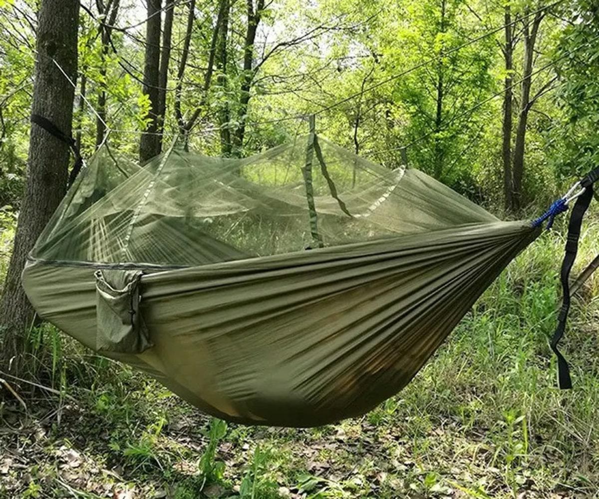 Hamac turistic din nylon cu plasa de tantari, verde, 260x140 cm — imagine 5