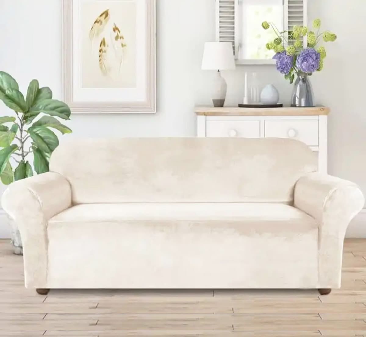 Husa universala pentru canapea standard cu 3 locuri, imitatie catifea, culoare bej — imagine 1