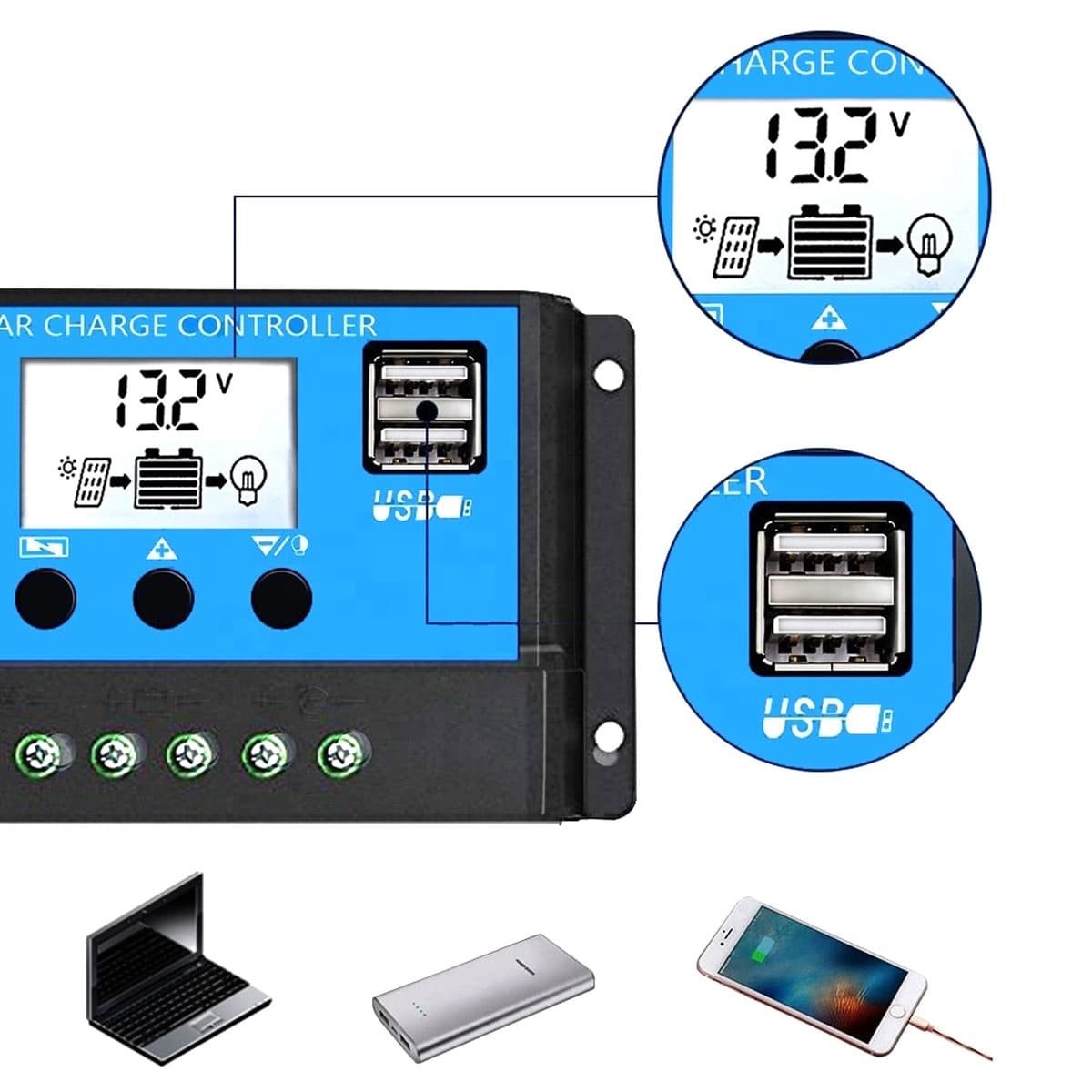Controler Regulator incarcare panou solar 12-24V 20A mini dual USB — imagine 6