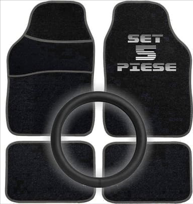 Set Auto AVEX 5 piese Covorase Universale Mocheta + Husa Volan Piele Ecologica Perforata Negru