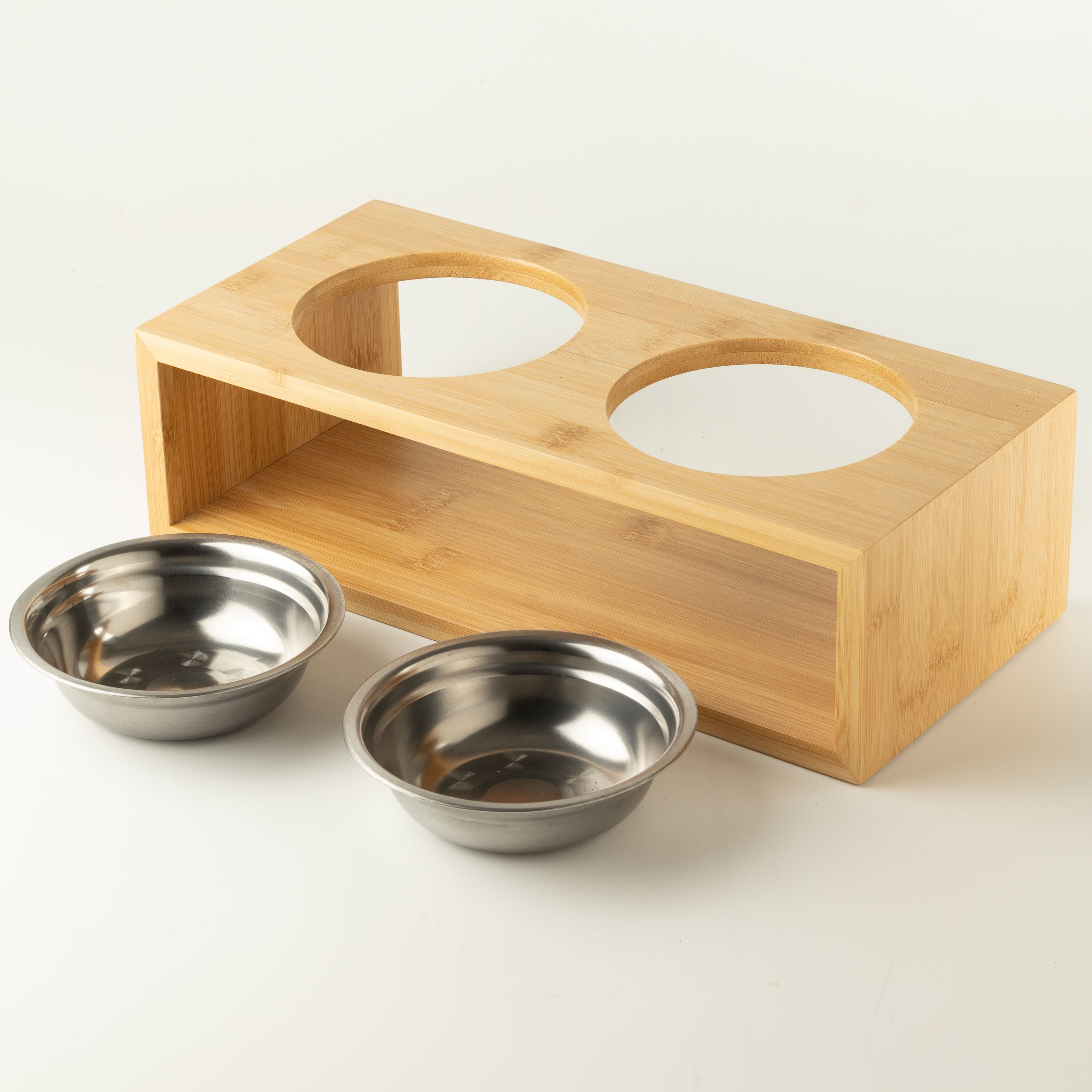 Boluri PAW pentru Mâncare - Dublu, Oțel Inoxidabil (201), pe Suport din Lemn - 2x13cm — imagine 1