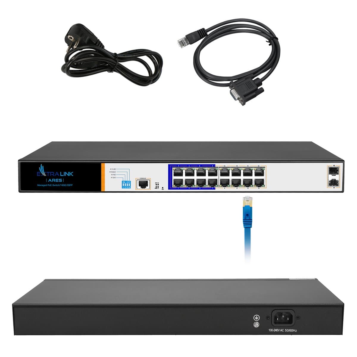 Extralink ARES PoE Switch, 16x Gigabit PoE/PoE+, 2x SFP, 1x Port de consolă, 150W, Gestionat — imagine 1