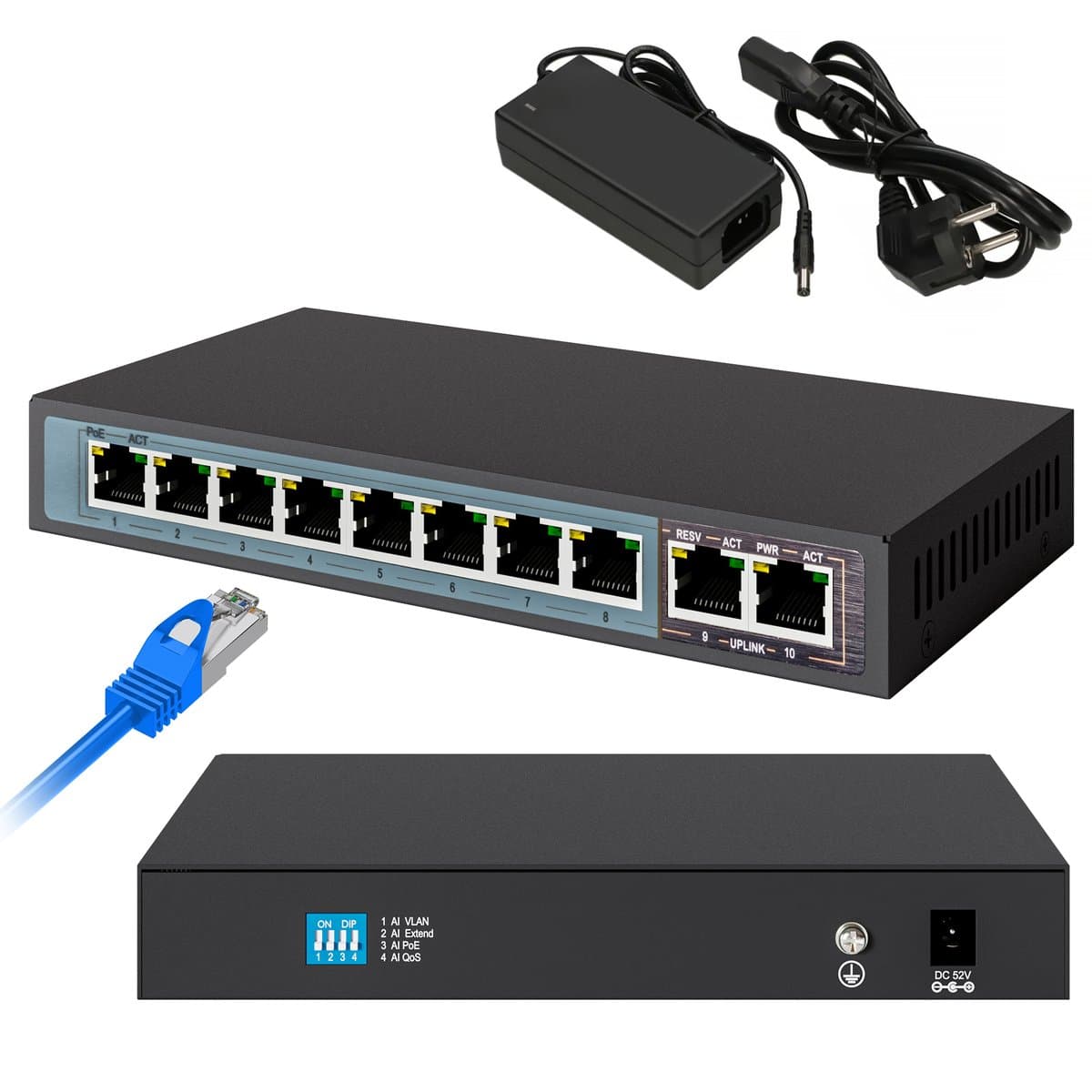 Switch PoE Extralink CERES, 8x 100Mb/s PoE/PoE+, 2x Uplink RJ45 100Mb/s, 96W — imagine 1