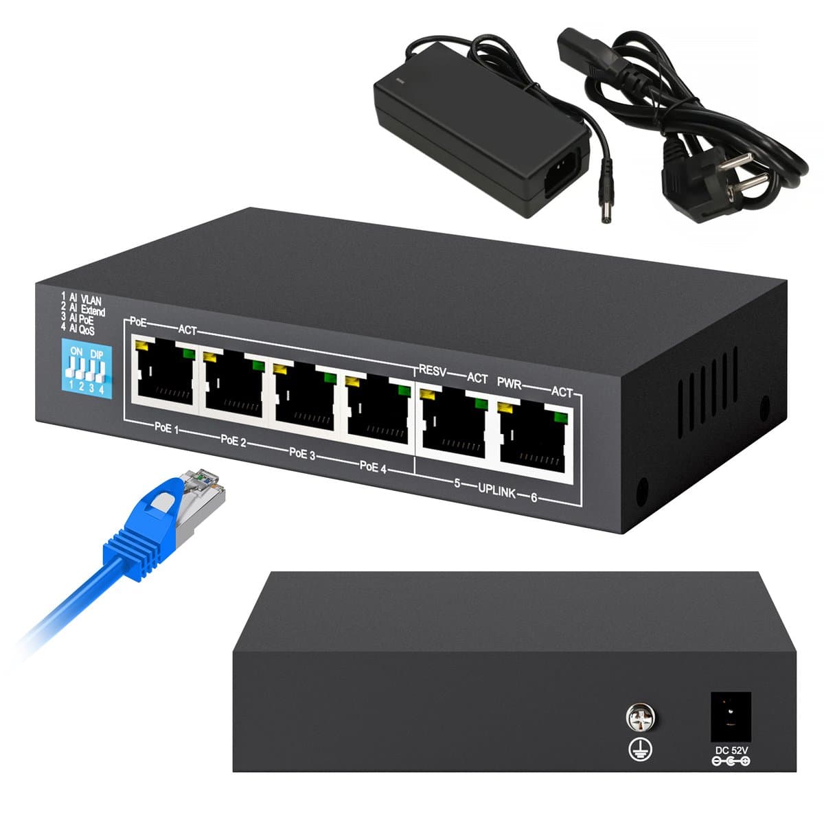 Switch PoE Extralink EUROS V2, 4x 100Mb/s PoE/PoE+, 2x Uplink RJ45 100Mb/s, 60W — imagine 1