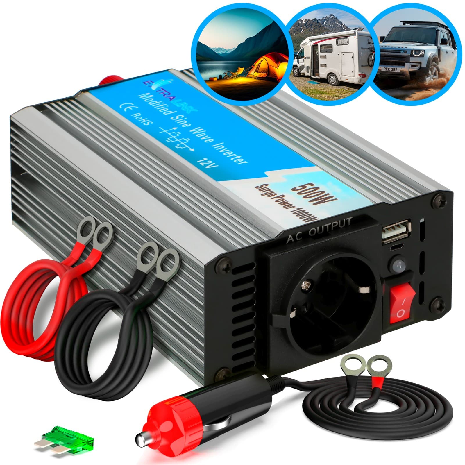 Inversor Auto Extralink OPIM-500W, 12V, 500W, Undă Sinusoidală Modificată — imagine 1