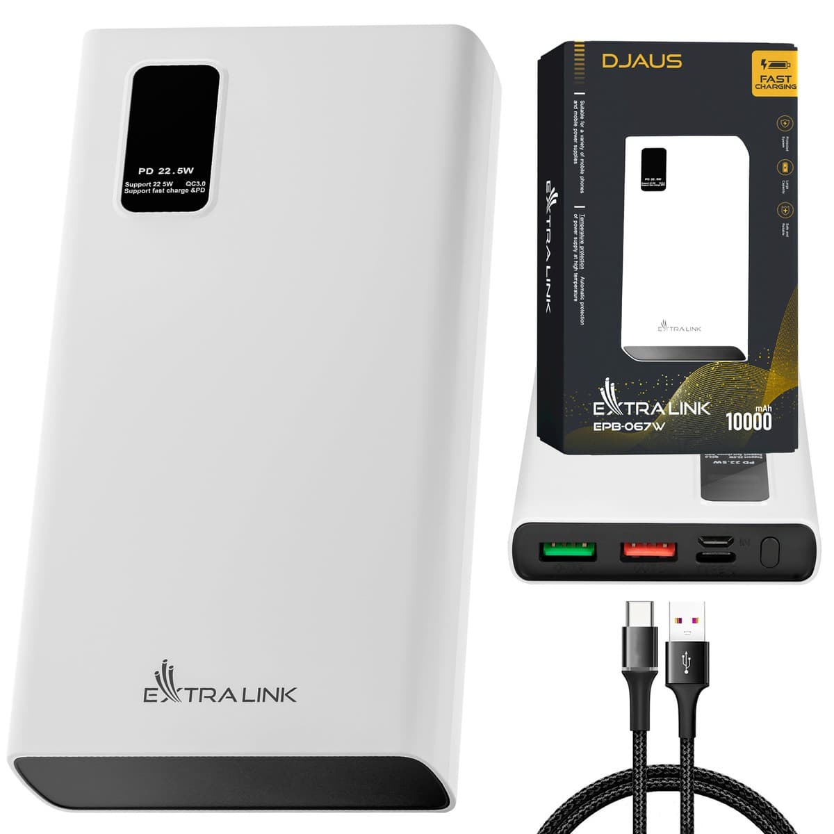 Power Bank Extralink EPB-067W 10000mAh Alb, Încărcare Rapidă, USB-C — imagine 1