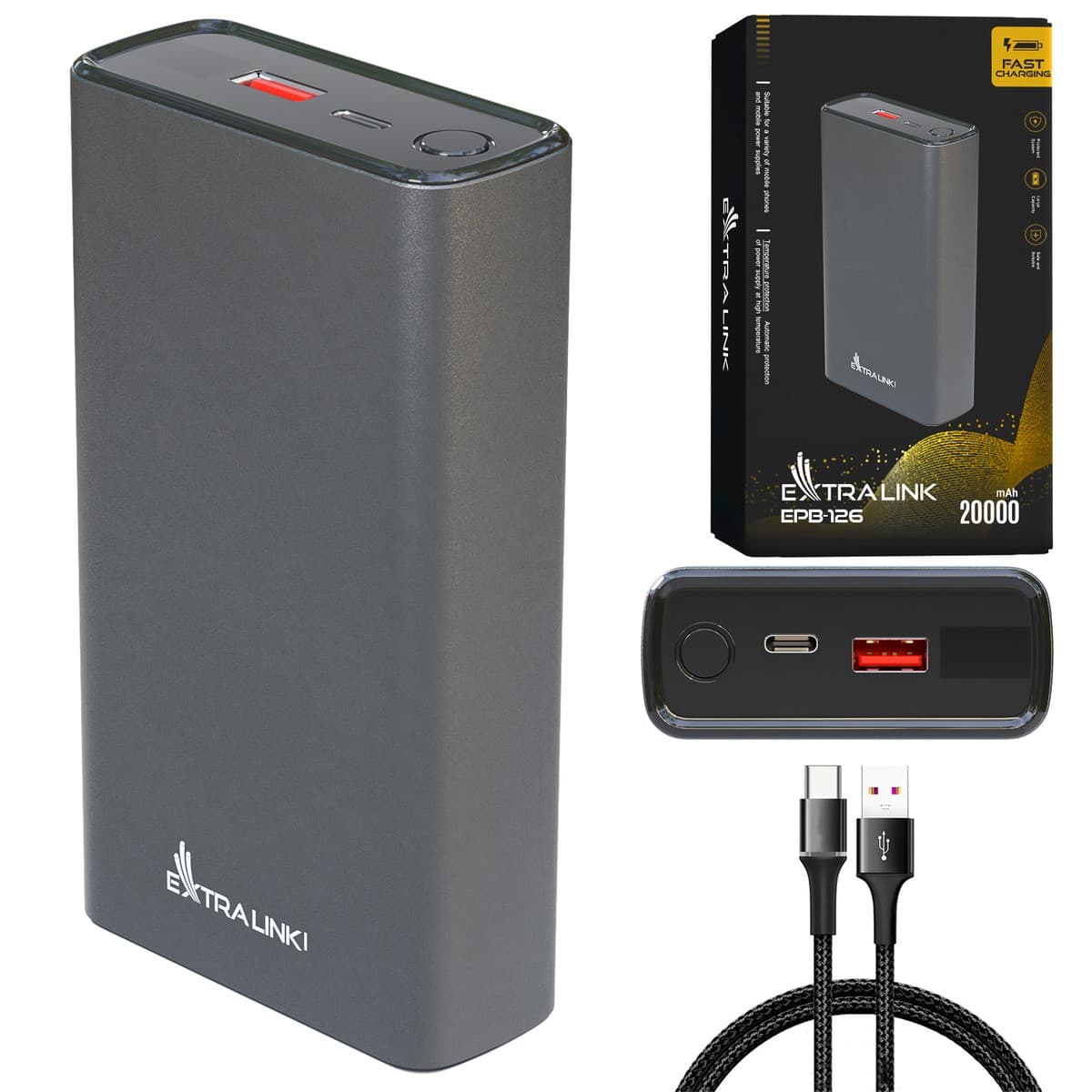Power Bank Extralink EPB-126 20000mAh Silver, 45W PD, USB-C — imagine 1
