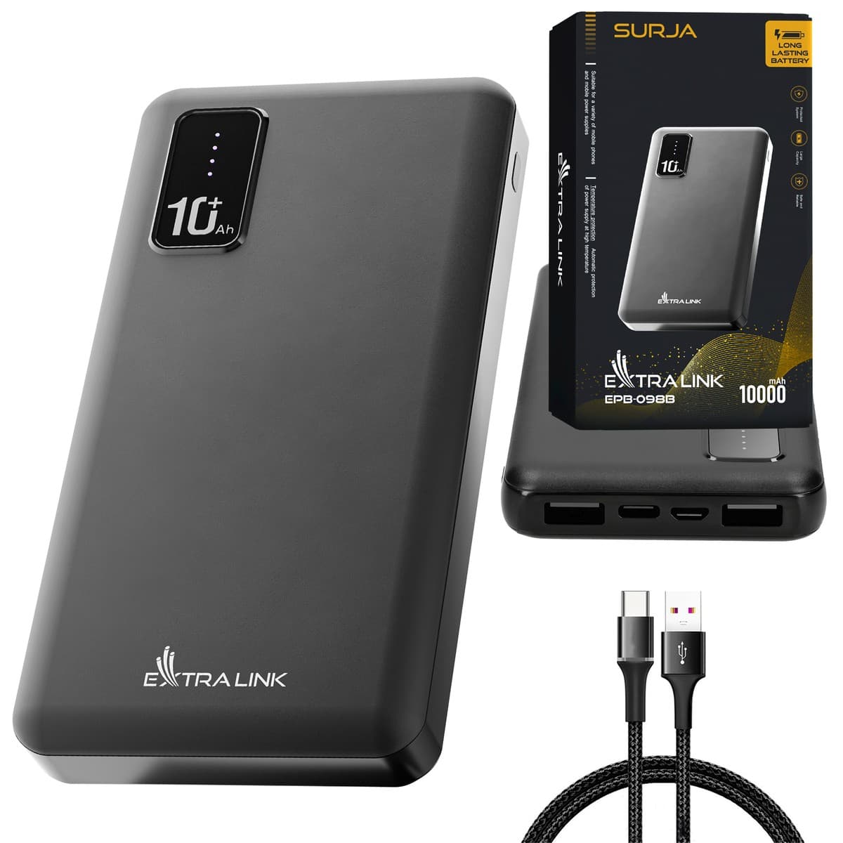 Extralink EPB-098B Power Bank 10000mAh Negru, USB-C — imagine 1
