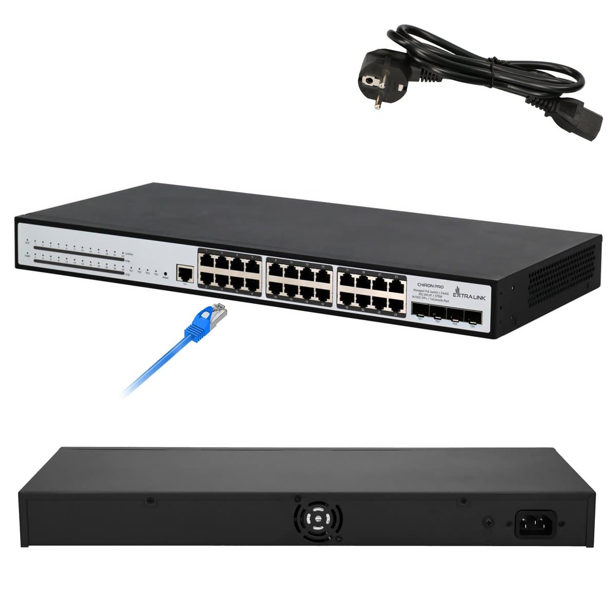 Switch PoE Extralink Chiron Pro, 24x RJ45 1000Mb/s PoE, 4x SFP+, L3, Managed, 370W — imagine 1