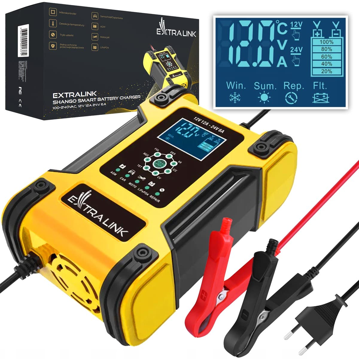Încărcător Baterii Smart Extralink Shango, 100 - 240VAC, 12V 12A, 24V 6A — imagine 1
