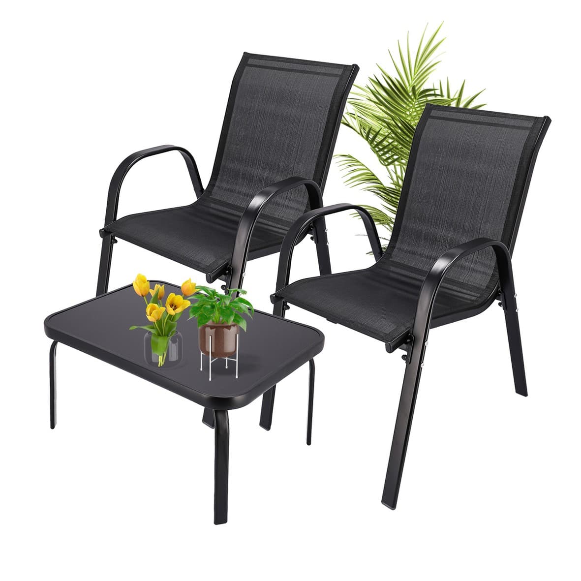 Set de Mobilier de Gradinar Classic Black Forest, 2 Scaune Textilene + Masă Neagră — imagine 1