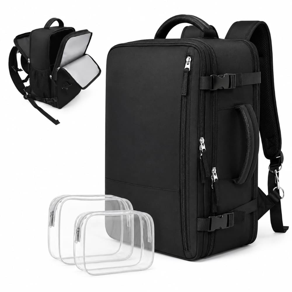 Rucsac de călătorie Black Forest KM03 Black, pentru bagaj de mână, dimensiuni 40x20x30 cm + 2 x genți de igienă — imagine 1