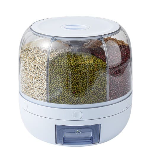 Dozator de cereale Flippy rotativ 360, 6 compartimente, capacitate 3 L, rezistent la umezeala, inchidere etansa, alb — imagine 1