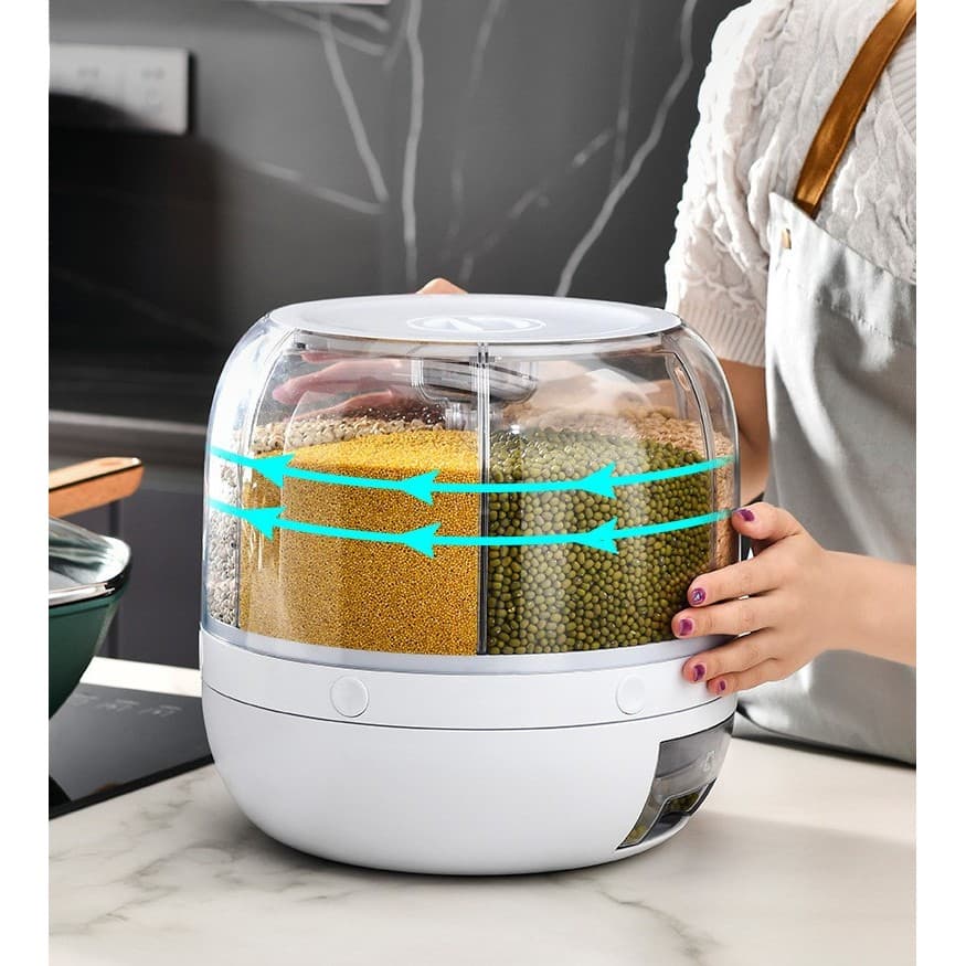 Dozator de cereale Flippy rotativ 360, 6 compartimente, capacitate 3 L, rezistent la umezeala, inchidere etansa, alb — imagine 2