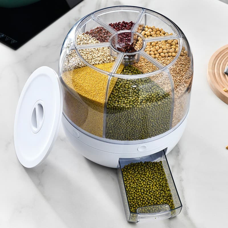 Dozator de cereale Flippy rotativ 360, 6 compartimente, capacitate 3 L, rezistent la umezeala, inchidere etansa, alb — imagine 3