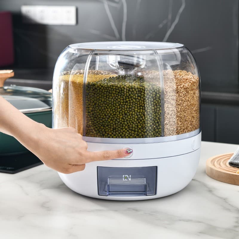 Dozator de cereale Flippy rotativ 360, 6 compartimente, capacitate 3 L, rezistent la umezeala, inchidere etansa, alb — imagine 4