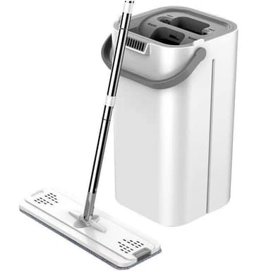 Set de curatenie Mop plat, galeata cu 2 cuve, 4 rezerve microfibra, Flippy Alb