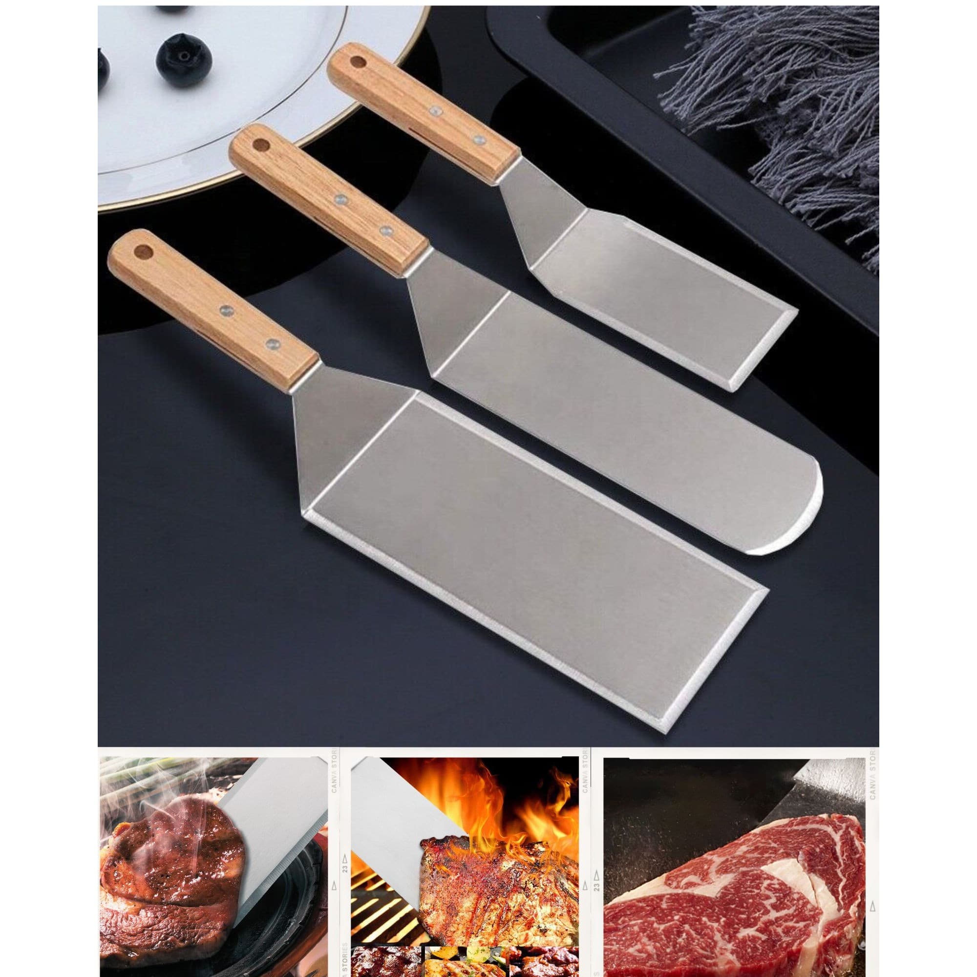 Set de spatule pentru gratar Flippy, Inox, Maner din lemn — imagine 2
