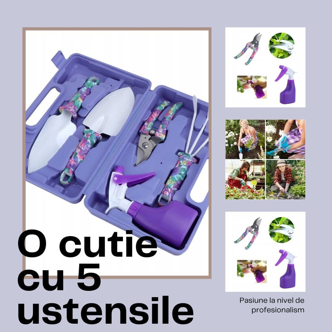 Set accesorii gradinarit Flippy cu geanta depozitare otel inoxidabil mov — imagine 2
