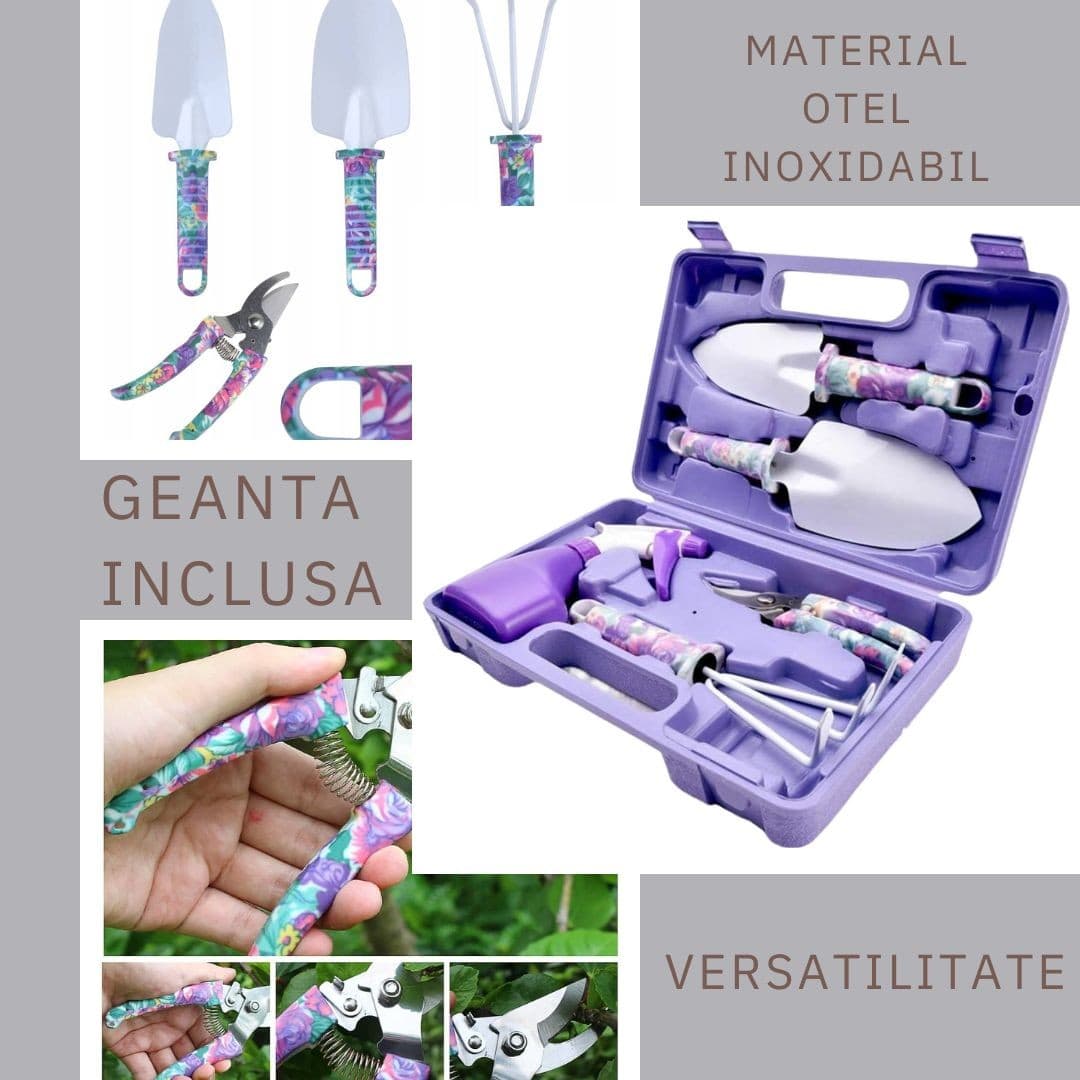 Set accesorii gradinarit Flippy cu geanta depozitare otel inoxidabil mov — imagine 3