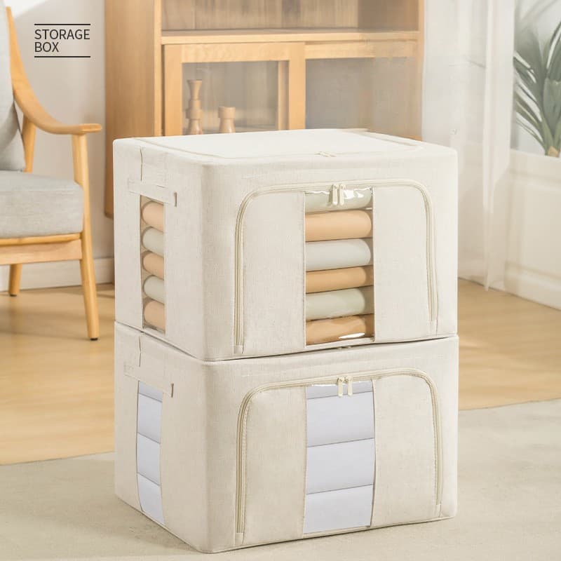 Cutie de depozitare pliabila Flippy cu fereastra si fermuar dublu, 66 L, Textil Premium, Bej — imagine 2