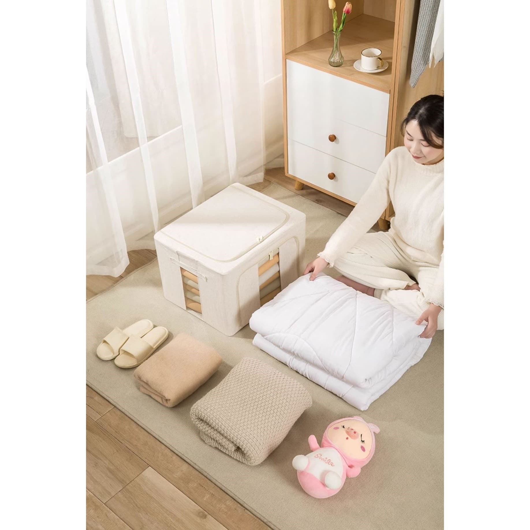 Cutie de depozitare pliabila Flippy cu fereastra si fermuar dublu, 66 L, Textil Premium, Bej — imagine 29