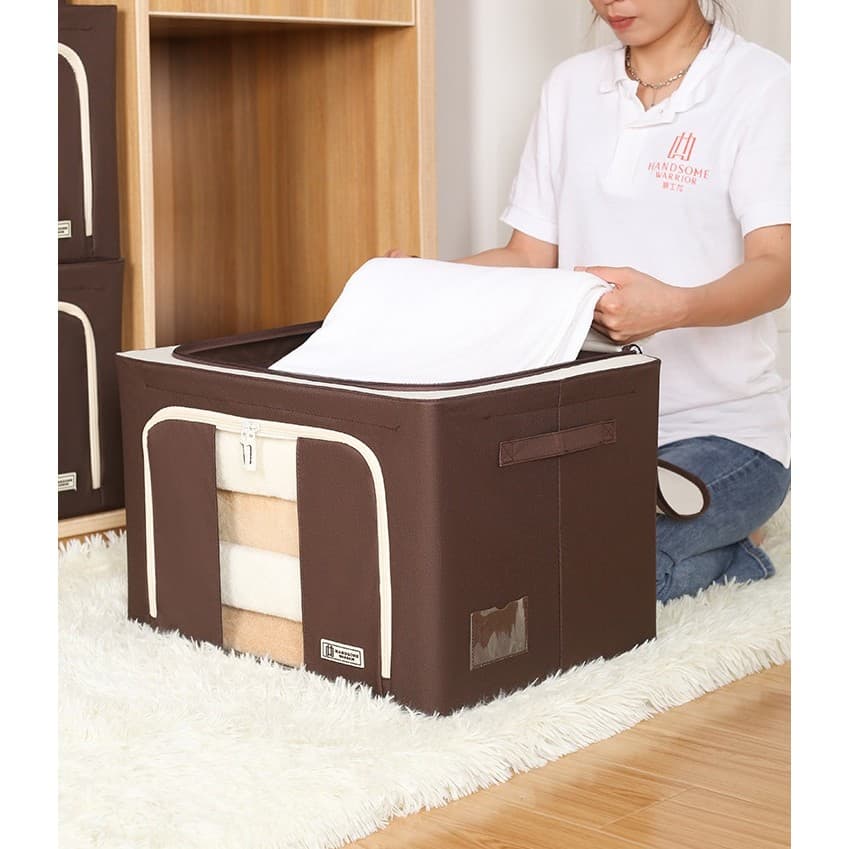 Cutie de depozitare pliabila Flippy cu fereastra si fermuar dublu, 66 L, Textil Premium, Maro — imagine 7