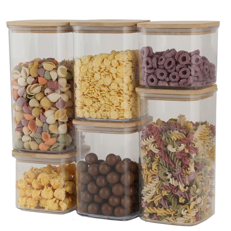 Cutii de depozitare alimente set, Flippy, Set de 6 containere pentru cereale din plastic cu capac din bambus — imagine 1