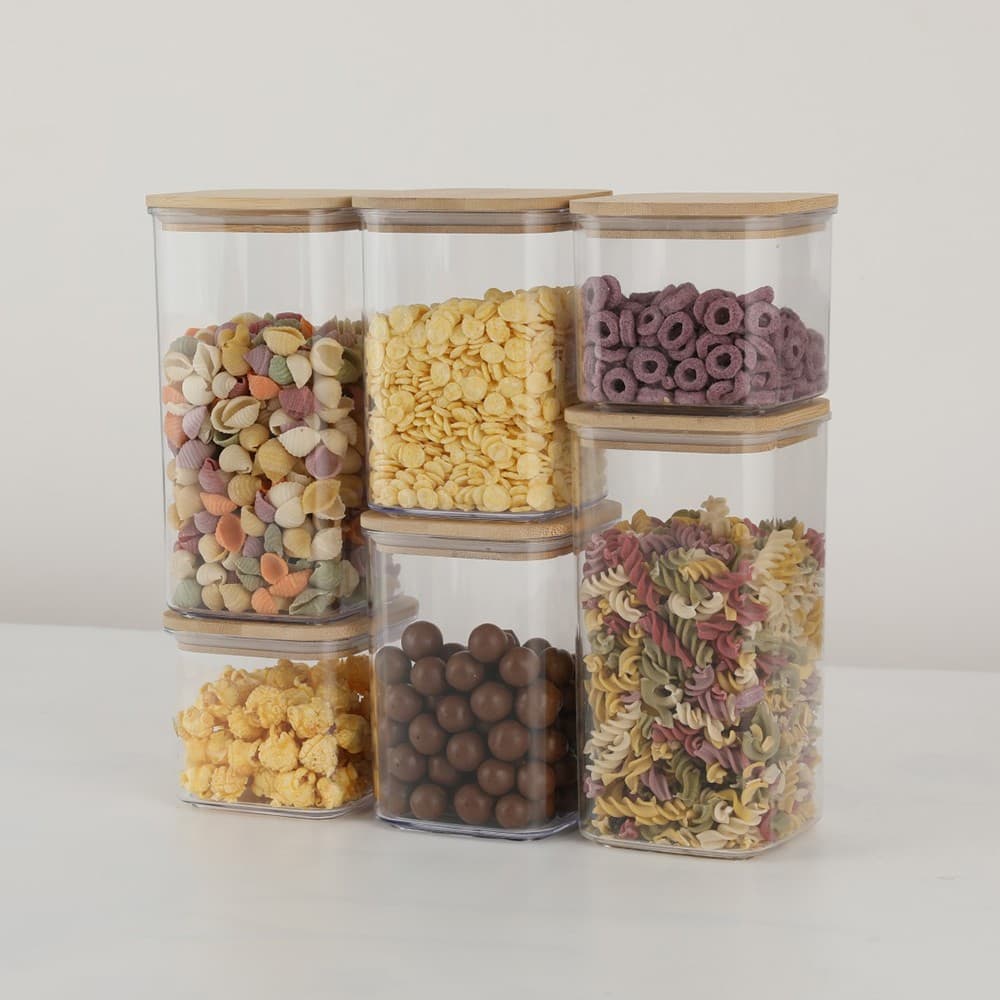 Cutii de depozitare alimente set, Flippy, Set de 6 containere pentru cereale din plastic cu capac din bambus — imagine 2