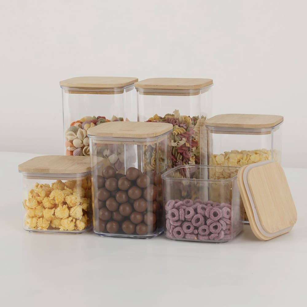 Cutii de depozitare alimente set, Flippy, Set de 6 containere pentru cereale din plastic cu capac din bambus — imagine 3